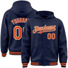 Load image into Gallery viewer, Custom Navy Orange-White Bomber Full-Snap Varsity Letterman Hoodie Jacket
