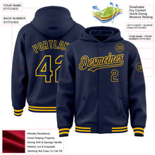 Load image into Gallery viewer, Custom Navy Gold Bomber Full-Snap Varsity Letterman Hoodie Jacket
