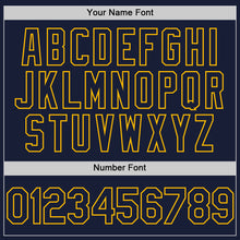 Load image into Gallery viewer, Custom Navy Gold Bomber Full-Snap Varsity Letterman Hoodie Jacket
