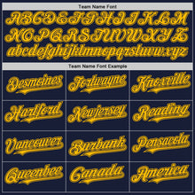 Load image into Gallery viewer, Custom Navy Gold Bomber Full-Snap Varsity Letterman Hoodie Jacket
