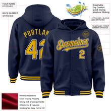 Load image into Gallery viewer, Custom Navy Gold-White Bomber Full-Snap Varsity Letterman Hoodie Jacket
