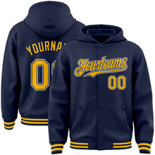 Load image into Gallery viewer, Custom Navy Gold-White Bomber Full-Snap Varsity Letterman Hoodie Jacket
