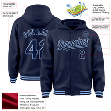 Load image into Gallery viewer, Custom Navy Light Blue Bomber Full-Snap Varsity Letterman Hoodie Jacket
