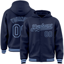 Load image into Gallery viewer, Custom Navy Light Blue Bomber Full-Snap Varsity Letterman Hoodie Jacket

