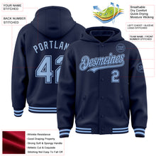 Load image into Gallery viewer, Custom Navy Light Blue Bomber Full-Snap Varsity Letterman Hoodie Jacket
