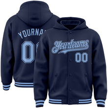 Load image into Gallery viewer, Custom Navy Light Blue Bomber Full-Snap Varsity Letterman Hoodie Jacket
