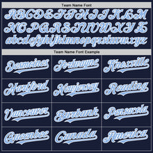 Load image into Gallery viewer, Custom Navy Light Blue-White Bomber Full-Snap Varsity Letterman Hoodie Jacket
