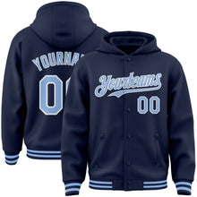 Load image into Gallery viewer, Custom Navy Light Blue-White Bomber Full-Snap Varsity Letterman Hoodie Jacket
