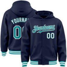 Load image into Gallery viewer, Custom Navy Teal-White Bomber Full-Snap Varsity Letterman Hoodie Jacket
