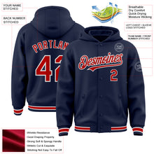 Load image into Gallery viewer, Custom Navy Red-White Bomber Full-Snap Varsity Letterman Hoodie Jacket
