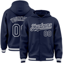 Load image into Gallery viewer, Custom Navy White-Gray Bomber Full-Snap Varsity Letterman Hoodie Jacket
