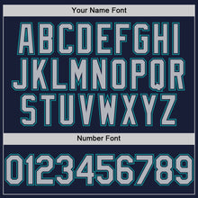 Load image into Gallery viewer, Custom Navy Gray-Teal Bomber Full-Snap Varsity Letterman Hoodie Jacket

