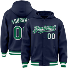 Load image into Gallery viewer, Custom Navy Kelly Green-White Bomber Full-Snap Varsity Letterman Hoodie Jacket
