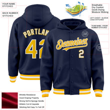 Load image into Gallery viewer, Custom Navy Gold-White Bomber Full-Snap Varsity Letterman Hoodie Jacket
