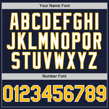Load image into Gallery viewer, Custom Navy Gold-White Bomber Full-Snap Varsity Letterman Hoodie Jacket
