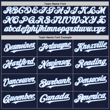Load image into Gallery viewer, Custom Navy White-Light Blue Bomber Full-Snap Varsity Letterman Hoodie Jacket
