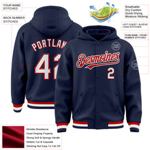 Load image into Gallery viewer, Custom Navy White-Red Bomber Full-Snap Varsity Letterman Hoodie Jacket
