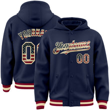 Load image into Gallery viewer, Custom Navy Vintage USA Flag Cream-Maroon Bomber Full-Snap Varsity Letterman Hoodie Jacket
