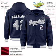 Load image into Gallery viewer, Custom Navy Gray-White Bomber Full-Snap Varsity Letterman Hoodie Jacket
