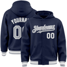Load image into Gallery viewer, Custom Navy Gray-White Bomber Full-Snap Varsity Letterman Hoodie Jacket
