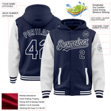 Load image into Gallery viewer, Custom Navy White Bomber Full-Snap Varsity Letterman Two Tone Hoodie Jacket
