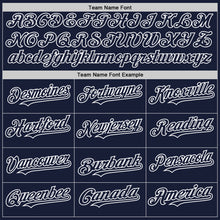 Load image into Gallery viewer, Custom Navy White Bomber Full-Snap Varsity Letterman Two Tone Hoodie Jacket
