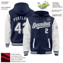 Load image into Gallery viewer, Custom Navy White Bomber Full-Snap Varsity Letterman Two Tone Hoodie Jacket
