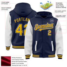 Load image into Gallery viewer, Custom Navy Gold-White Bomber Full-Snap Varsity Letterman Two Tone Hoodie Jacket

