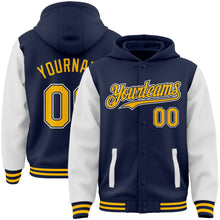 Load image into Gallery viewer, Custom Navy Gold-White Bomber Full-Snap Varsity Letterman Two Tone Hoodie Jacket
