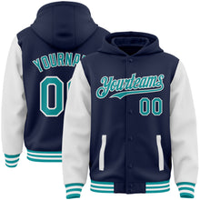 Load image into Gallery viewer, Custom Navy Teal-White Bomber Full-Snap Varsity Letterman Two Tone Hoodie Jacket
