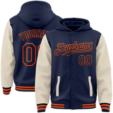 Load image into Gallery viewer, Custom Navy Cream-Orange Bomber Full-Snap Varsity Letterman Two Tone Hoodie Jacket
