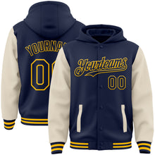 Load image into Gallery viewer, Custom Navy Cream-Gold Bomber Full-Snap Varsity Letterman Two Tone Hoodie Jacket
