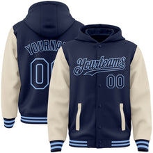 Load image into Gallery viewer, Custom Navy Cream-Light Blue Bomber Full-Snap Varsity Letterman Two Tone Hoodie Jacket

