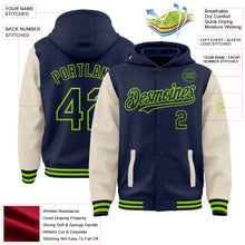 Load image into Gallery viewer, Custom Navy Cream-Neon Green Bomber Full-Snap Varsity Letterman Two Tone Hoodie Jacket
