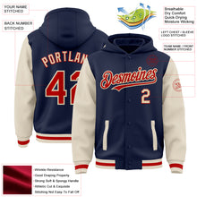 Load image into Gallery viewer, Custom Navy Red-Cream Bomber Full-Snap Varsity Letterman Two Tone Hoodie Jacket
