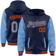 Load image into Gallery viewer, Custom Navy Light Blue-Orange Bomber Full-Snap Varsity Letterman Two Tone Hoodie Jacket
