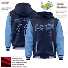 Load image into Gallery viewer, Custom Navy Light Blue Bomber Full-Snap Varsity Letterman Two Tone Hoodie Jacket
