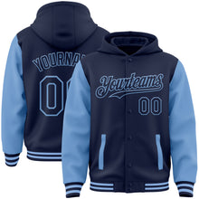 Load image into Gallery viewer, Custom Navy Light Blue Bomber Full-Snap Varsity Letterman Two Tone Hoodie Jacket
