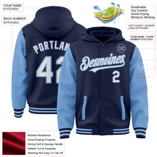 Load image into Gallery viewer, Custom Navy White-Light Blue Bomber Full-Snap Varsity Letterman Two Tone Hoodie Jacket
