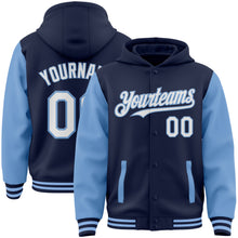 Load image into Gallery viewer, Custom Navy White-Light Blue Bomber Full-Snap Varsity Letterman Two Tone Hoodie Jacket
