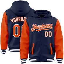 Load image into Gallery viewer, Custom Navy Orange-White Bomber Full-Snap Varsity Letterman Two Tone Hoodie Jacket
