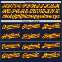 Load image into Gallery viewer, Custom Navy Gold-Orange Bomber Full-Snap Varsity Letterman Two Tone Hoodie Jacket
