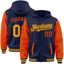 Load image into Gallery viewer, Custom Navy Gold-Orange Bomber Full-Snap Varsity Letterman Two Tone Hoodie Jacket
