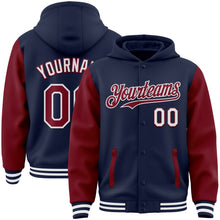Load image into Gallery viewer, Custom Navy Crimson-White Bomber Full-Snap Varsity Letterman Two Tone Hoodie Jacket
