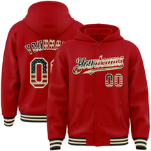 Load image into Gallery viewer, Custom Red Vintage USA Flag Cream-Black Bomber Full-Snap Varsity Letterman Hoodie Jacket
