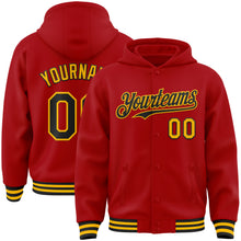 Load image into Gallery viewer, Custom Red Black-Gold Bomber Full-Snap Varsity Letterman Hoodie Jacket
