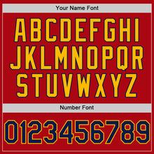 Load image into Gallery viewer, Custom Red Navy-Gold Bomber Full-Snap Varsity Letterman Hoodie Jacket
