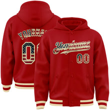 Load image into Gallery viewer, Custom Red Vintage USA Flag-Cream Bomber Full-Snap Varsity Letterman Hoodie Jacket
