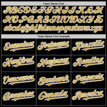Load image into Gallery viewer, Custom Black Old Gold-White Bomber Full-Snap Varsity Letterman Two Tone Lapel Collar Byron Jacket

