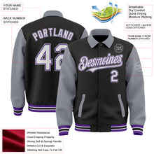 Load image into Gallery viewer, Custom Black Gray-Purple Bomber Full-Snap Varsity Letterman Two Tone Lapel Collar Byron Jacket
